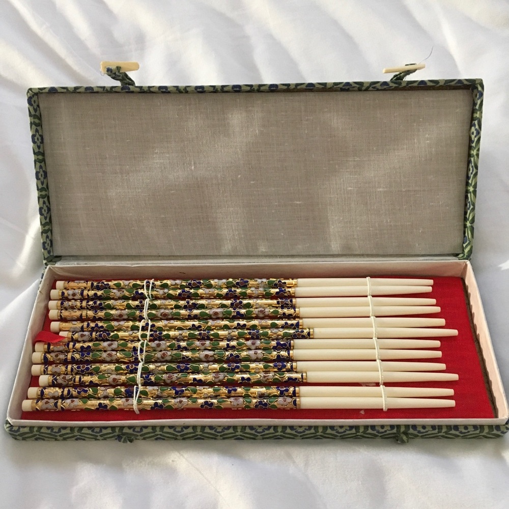 Vintage cloisonné enamel and gold chop sticks